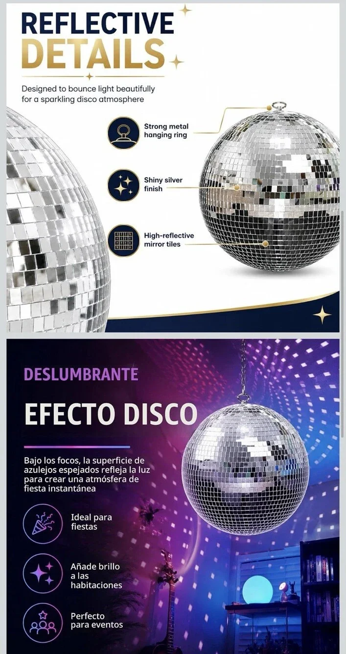 12 in Silver Disco Mirror Ball Hanging Decoration, Metal & Glass